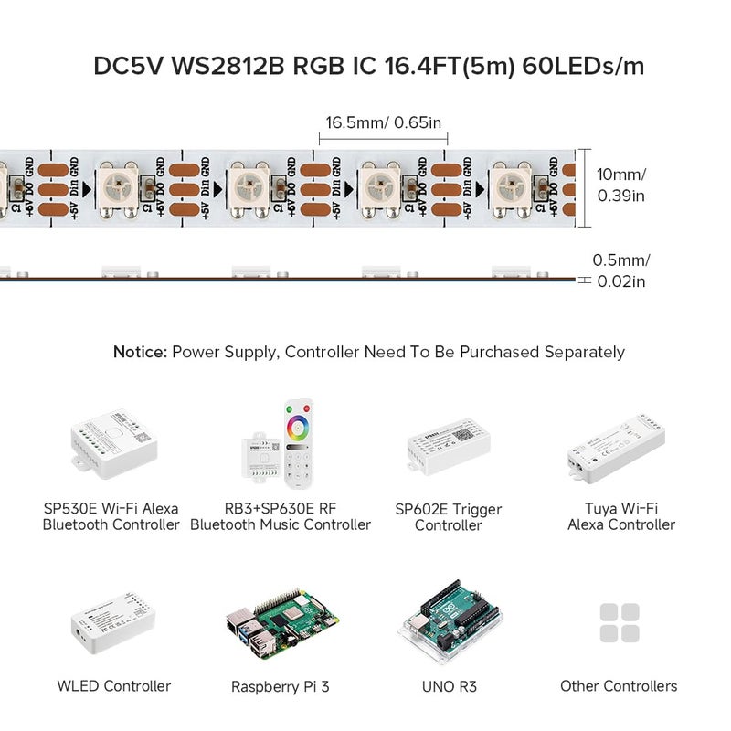 BTF-LIGHTING WS2812B RGB ECO LED Strip, Chasing Effects 5050SMD Individually Addressable 16.4FT 60Pixels/m 300Pixels Flexible Dream Color IP65 for Bedroom DIY Projects DC5V(No Adapter or Controller) - Image 2
